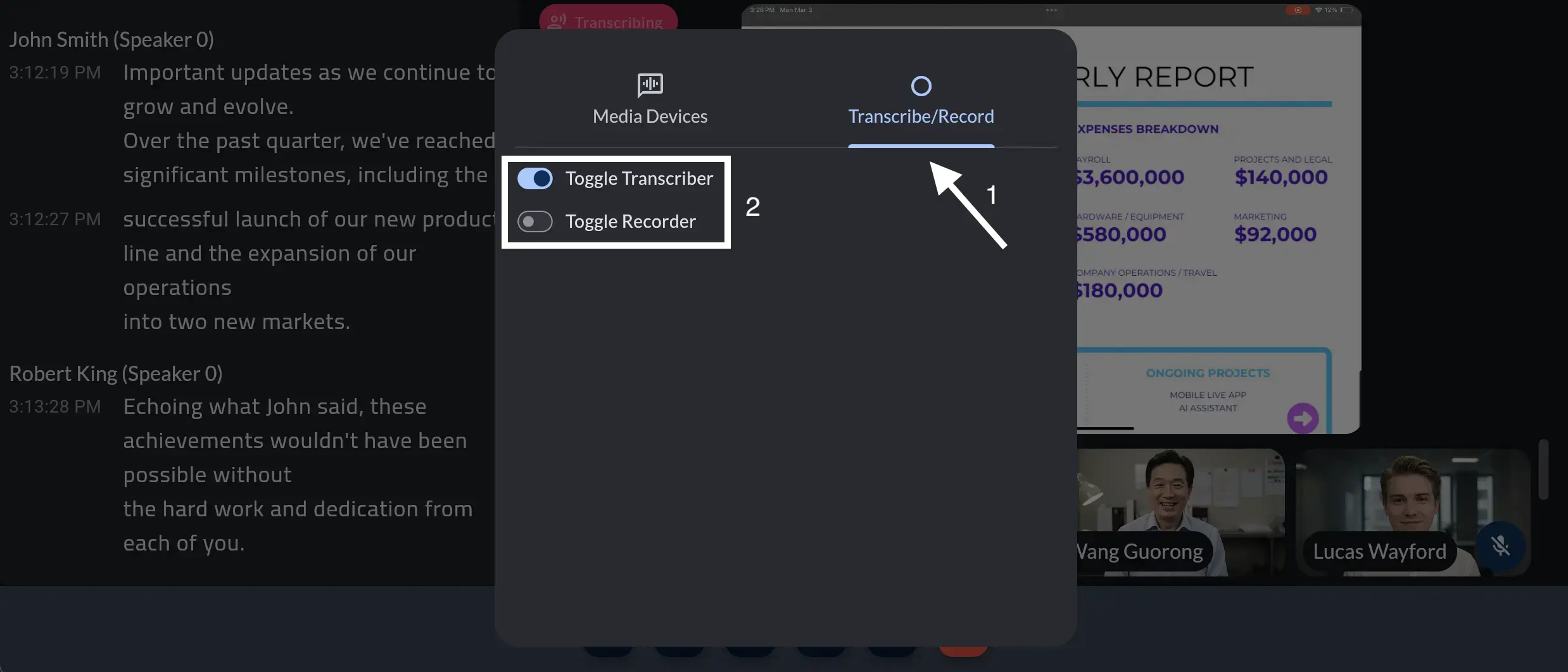 Transcribe/Record Tab in Settings Menu