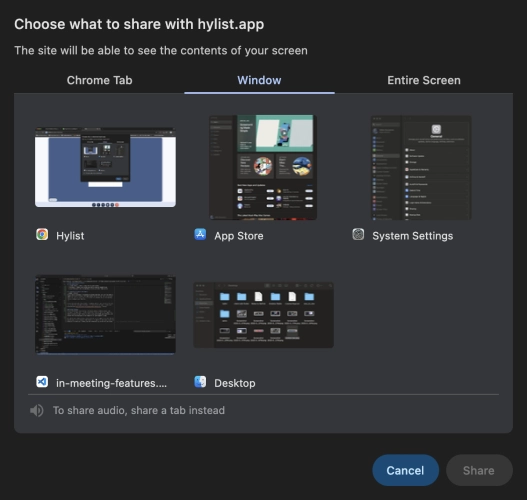 Screen Share Selection Menu